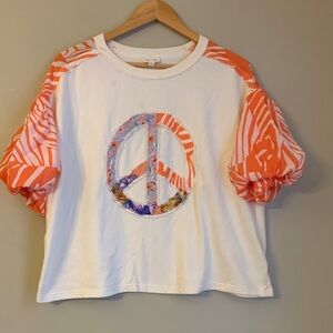 Sage & Fig Peace Sign T-Shirt bohemian puff sleeve patchwork oversized small